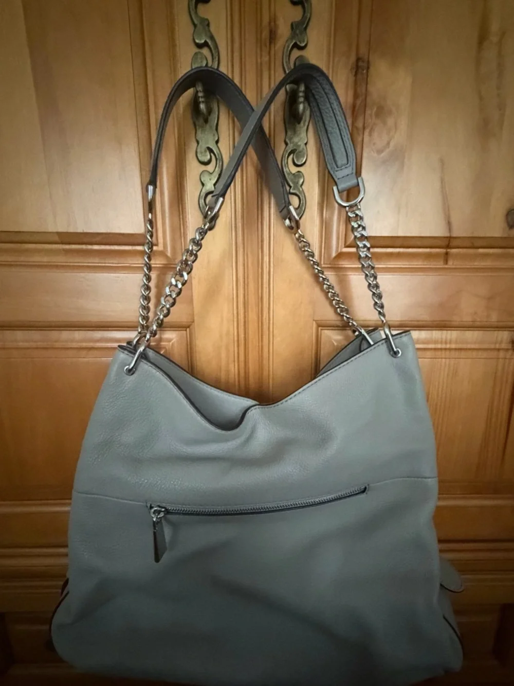 Michael Kors Slate Gray Pebbled Leather Shoulder Tote with Chain Straps - Picture 2 of 5
